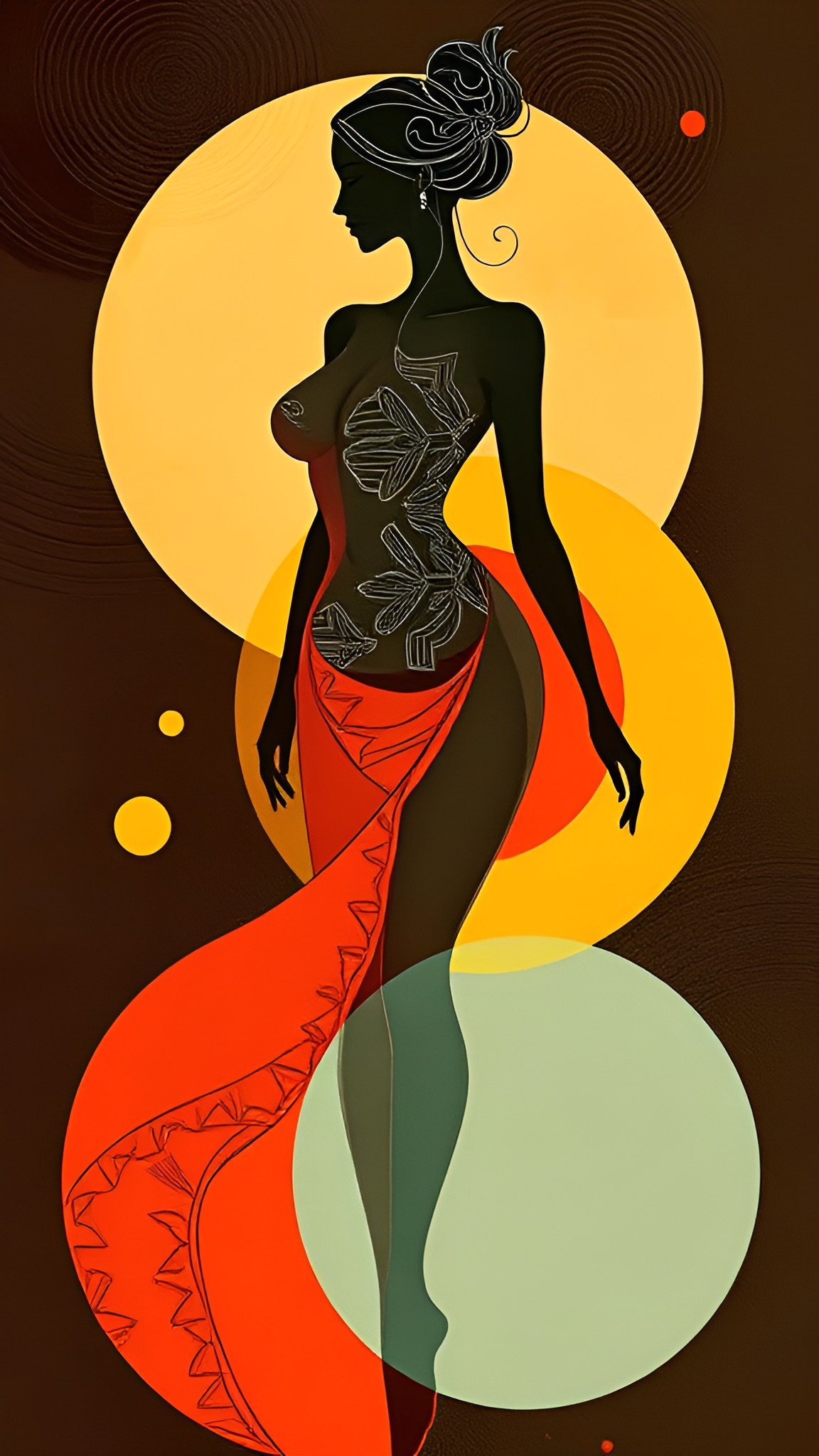Painting of a woman in profile in an orange patterned wrap skirt with floral line art