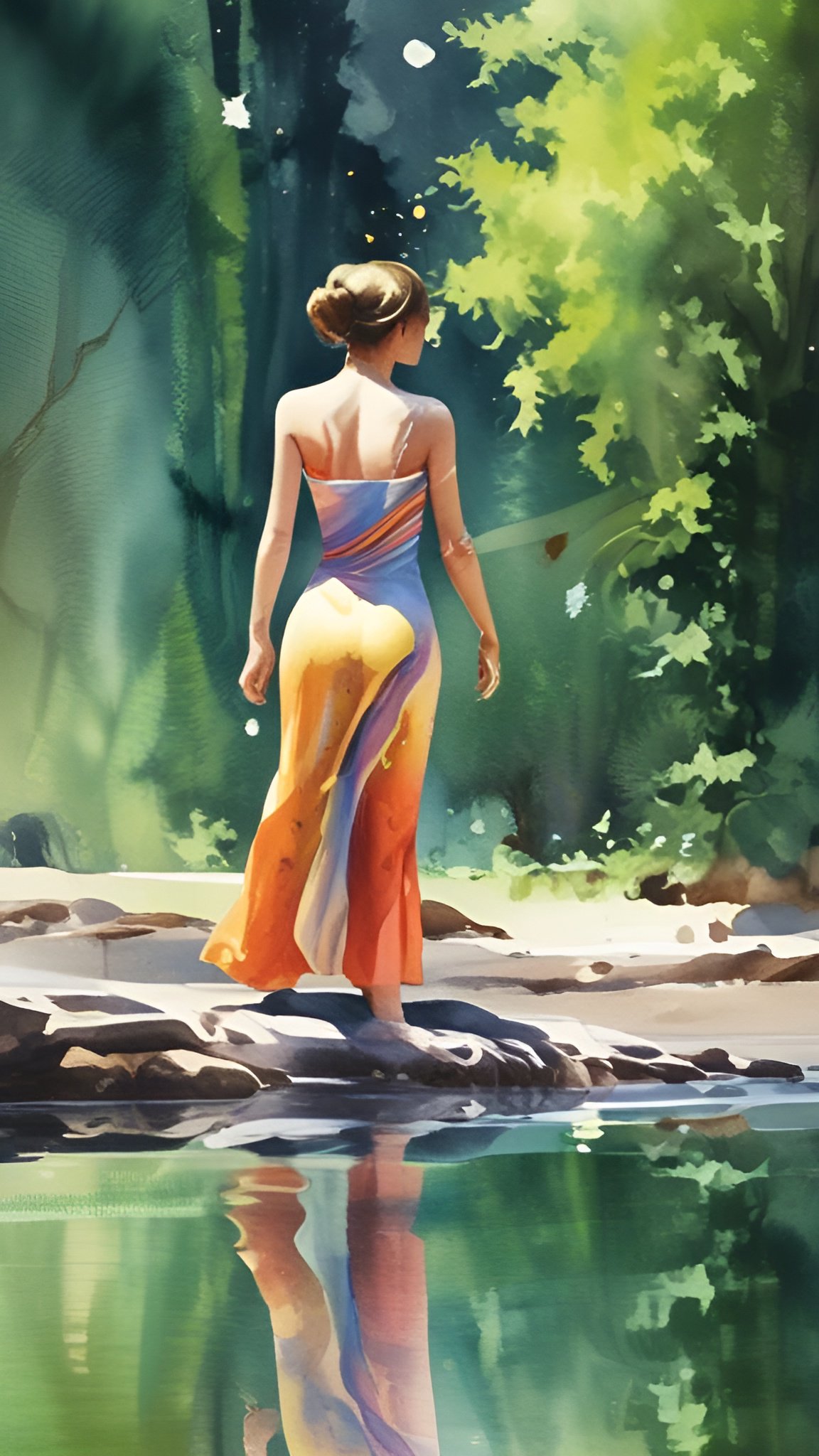 A watercolor painting style of a woman in an orange and yellow strapless gown standing on rocks by green water in a sunlit wood