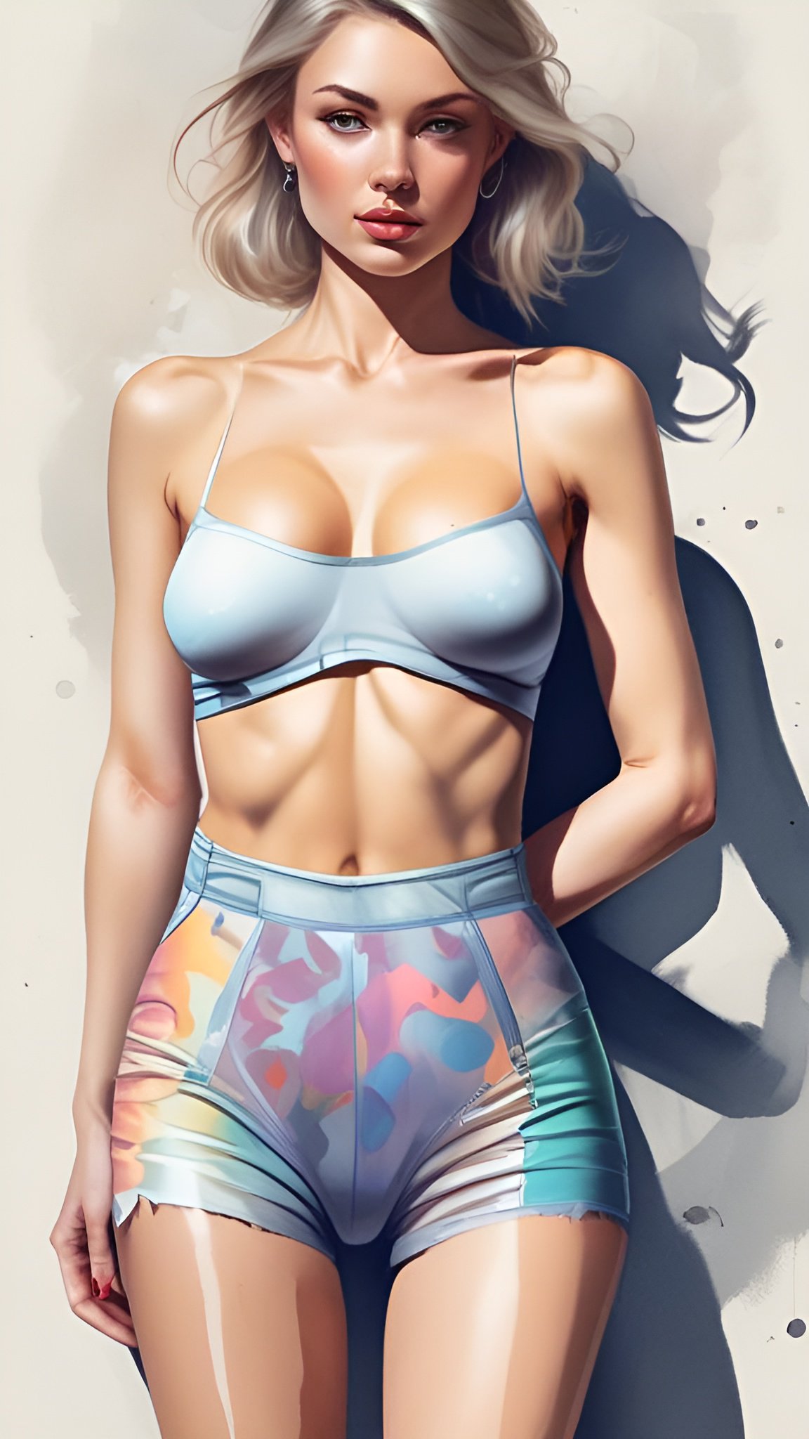 A painting of a woman in a pale blue bra and high-waist shorts with a pastel orange pink teal print on a cream wall