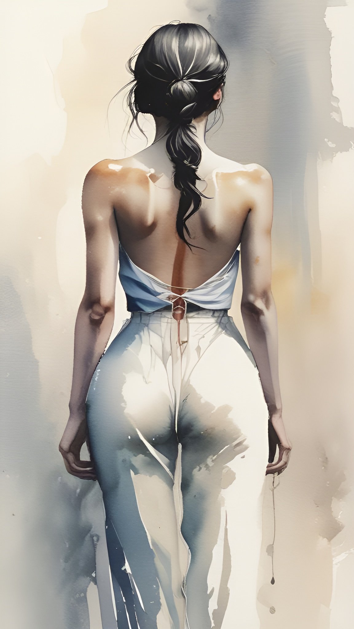 A watercolor painting style of a woman from behind in a pale blue crop top and white pants on a cream watercolor wash