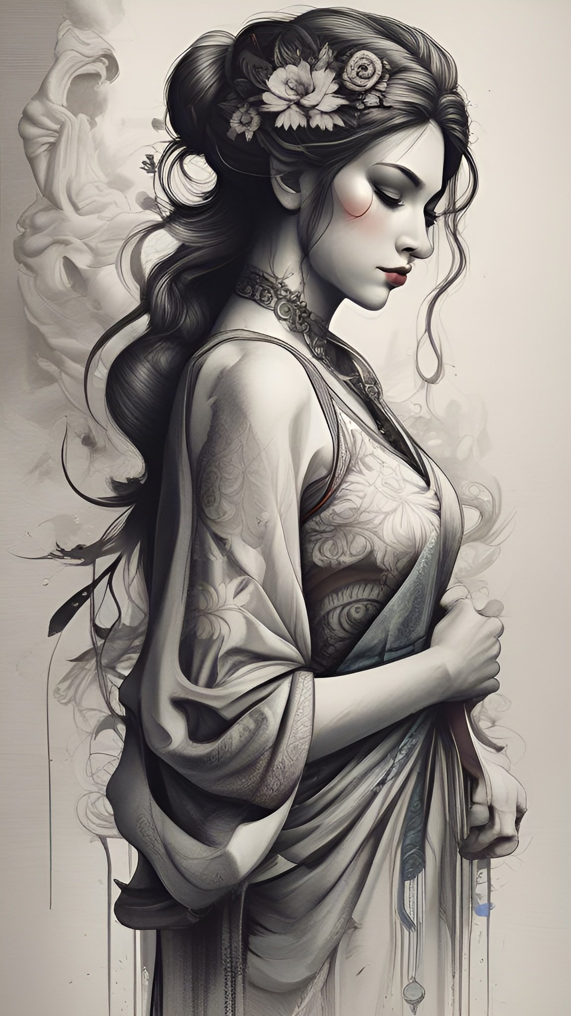 A painting of a woman in a pale draped gown with closed eyes and a floral print bodice on a cream wash