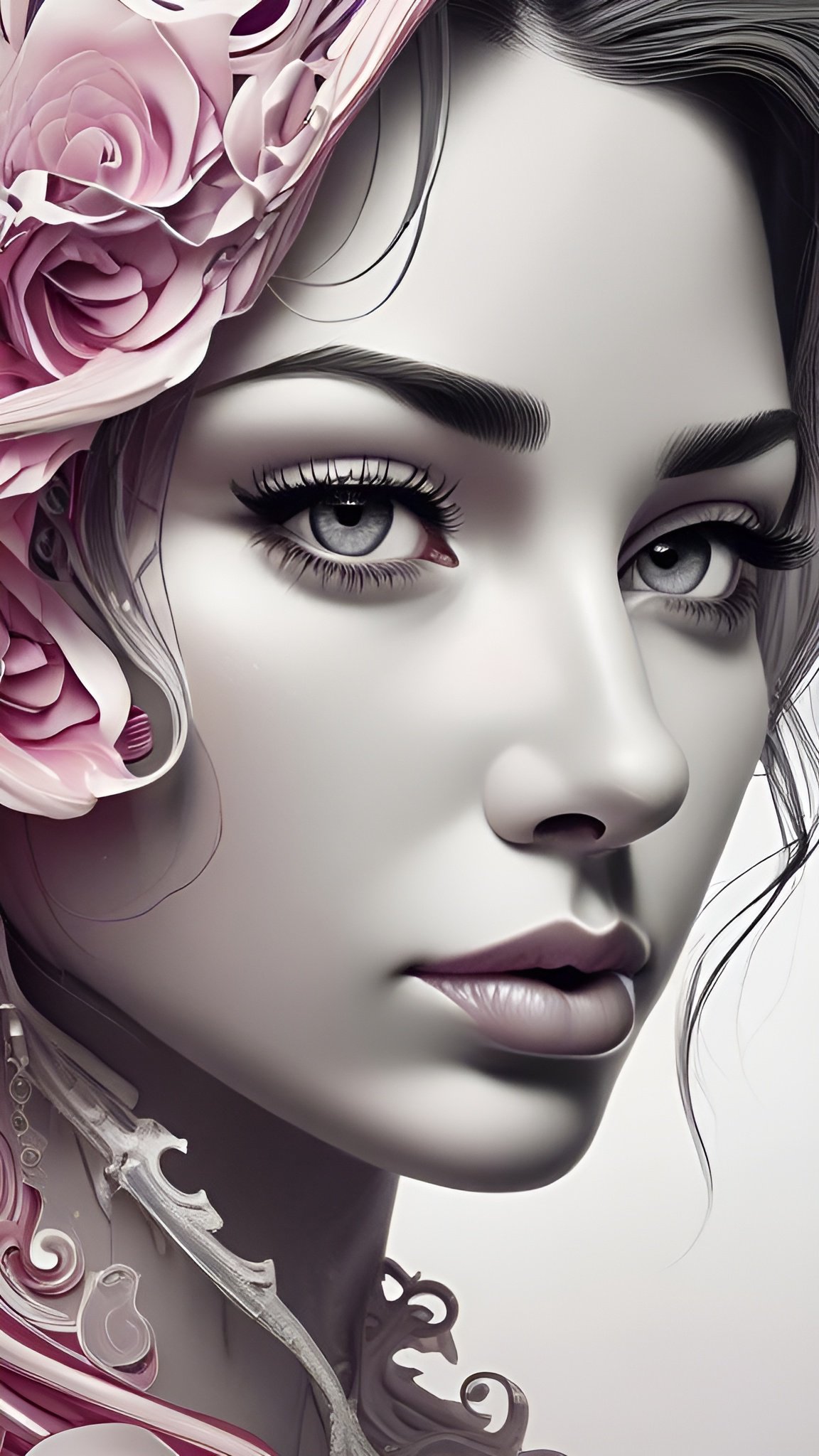 Painting of a woman with gray blue eyes beside large pink roses