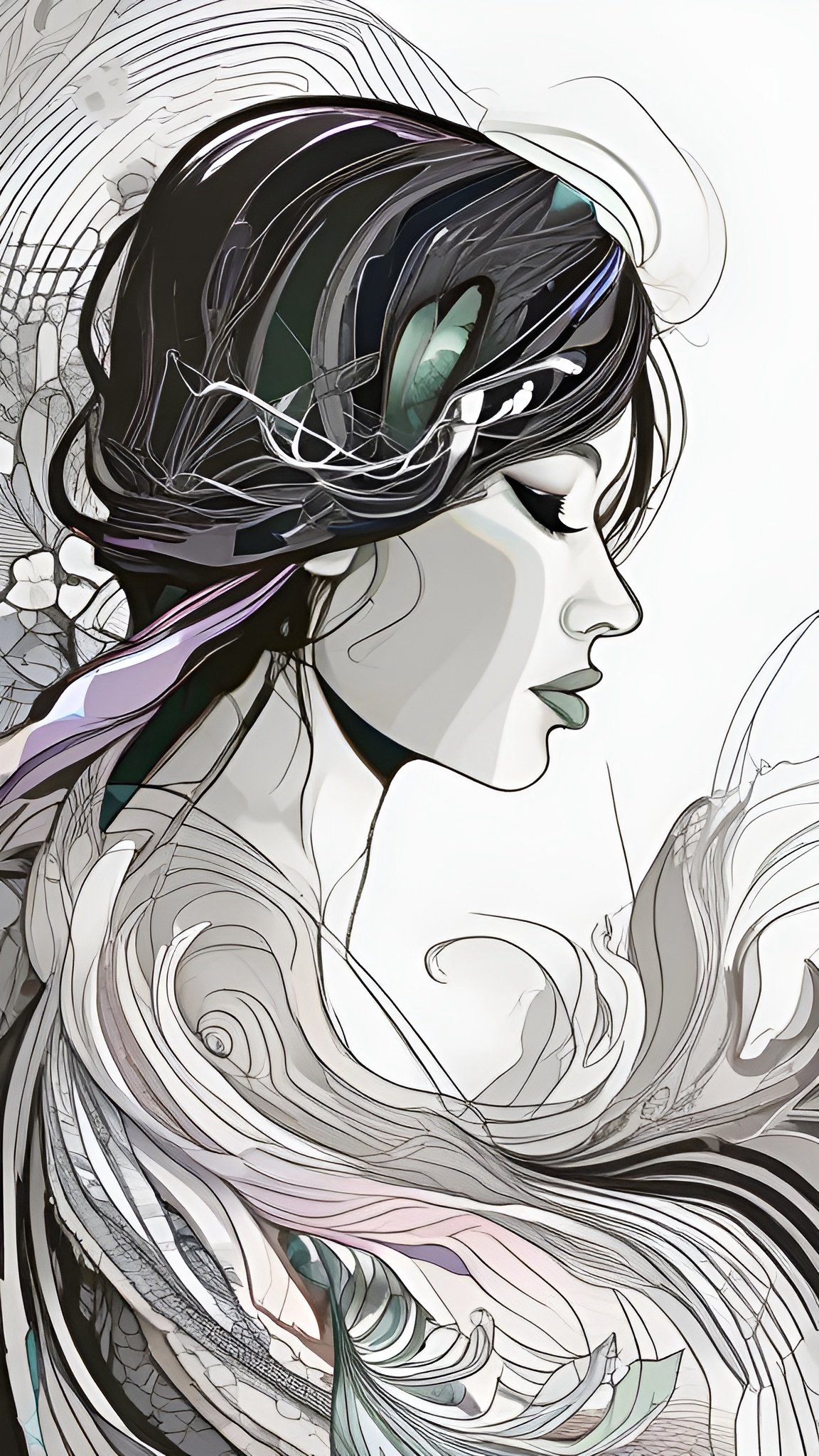 Stylized painting of a woman in profile with black white and gray line-art drapery