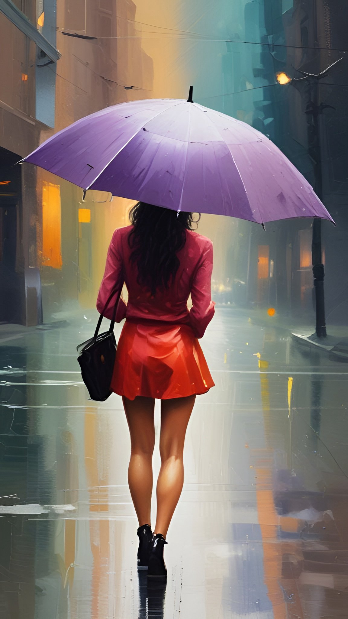 Painting of a woman with a purple umbrella in a pink jacket and orange skirt on a rainy street