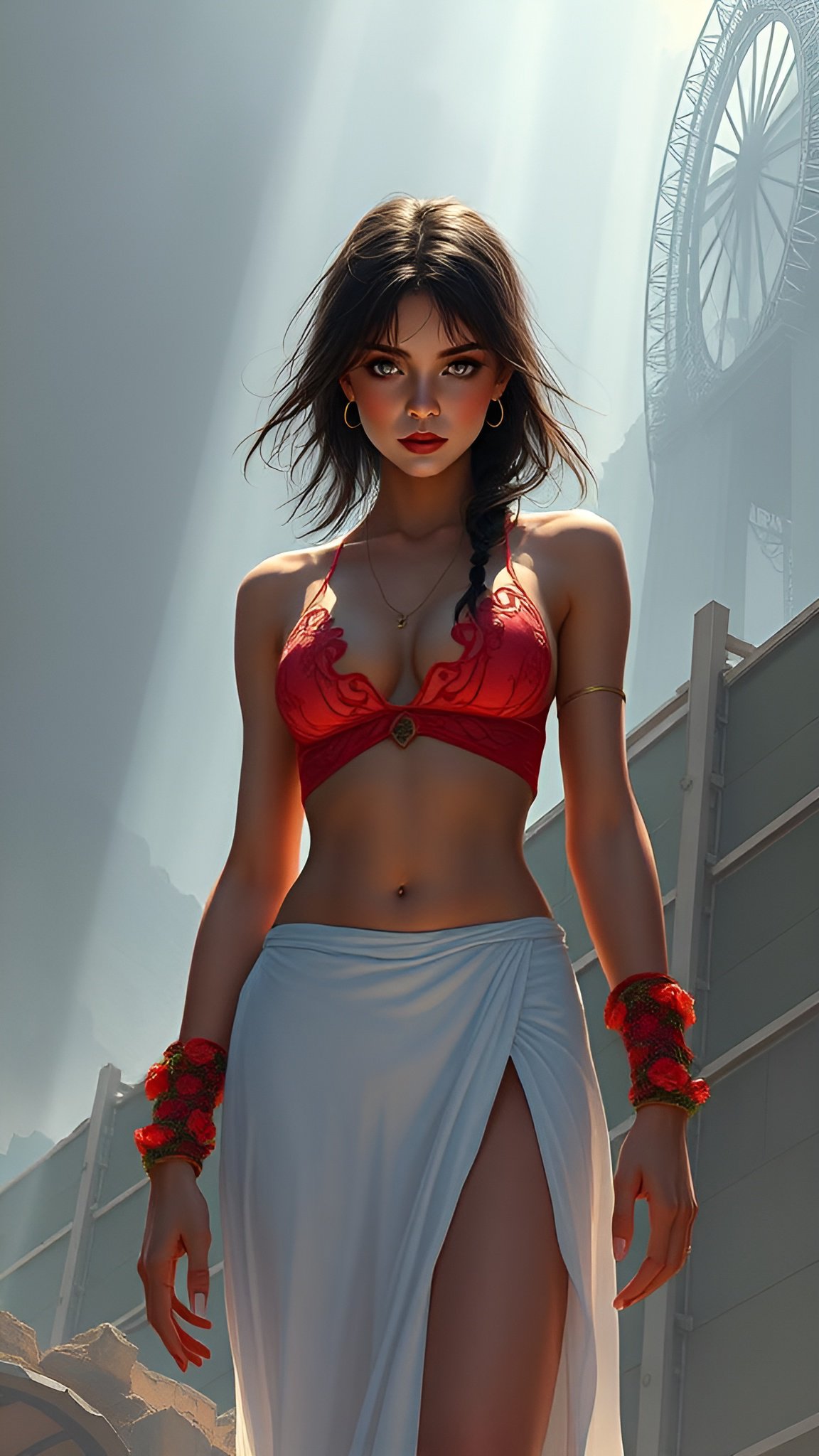 Woman in red lace crop top and white high-slit skirt with red floral bracelets near abandoned ferris wheel in mountains