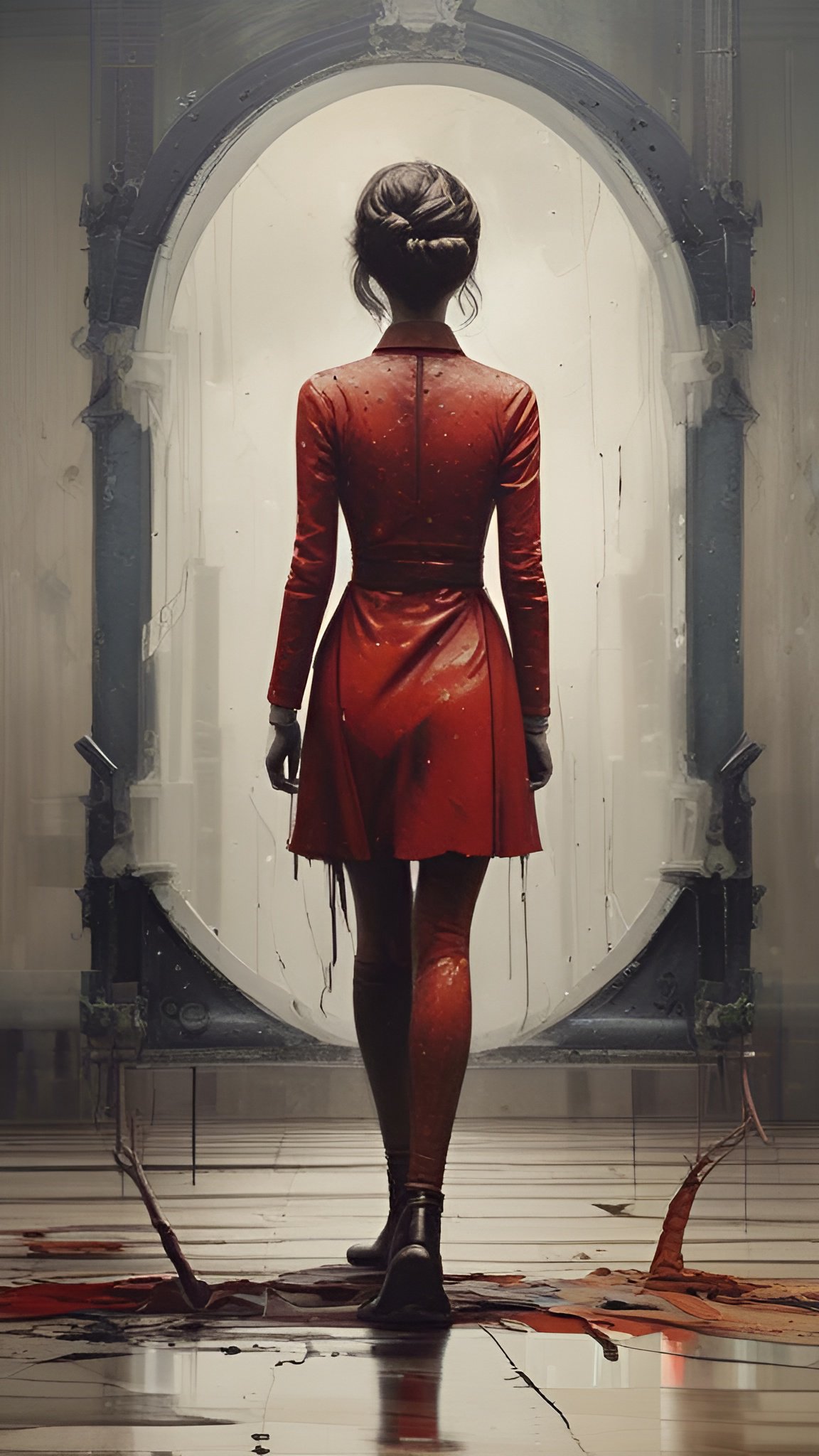 A painting of a woman in a red long-sleeve dress facing a bright oval window with paint on a tiled floor and black boots