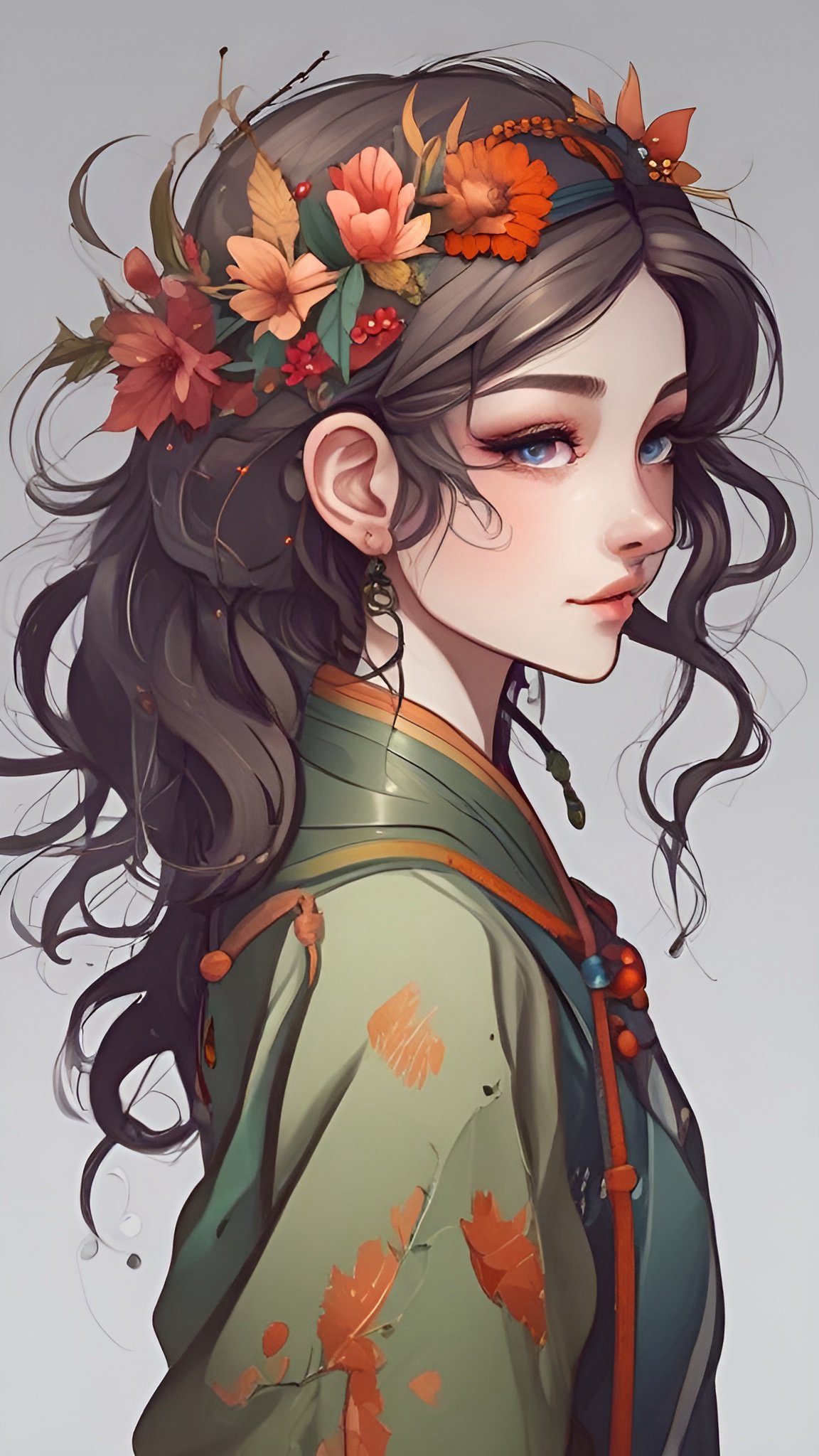 Painting of a woman in a sage green jacket with an orange leaf print and a flower crown