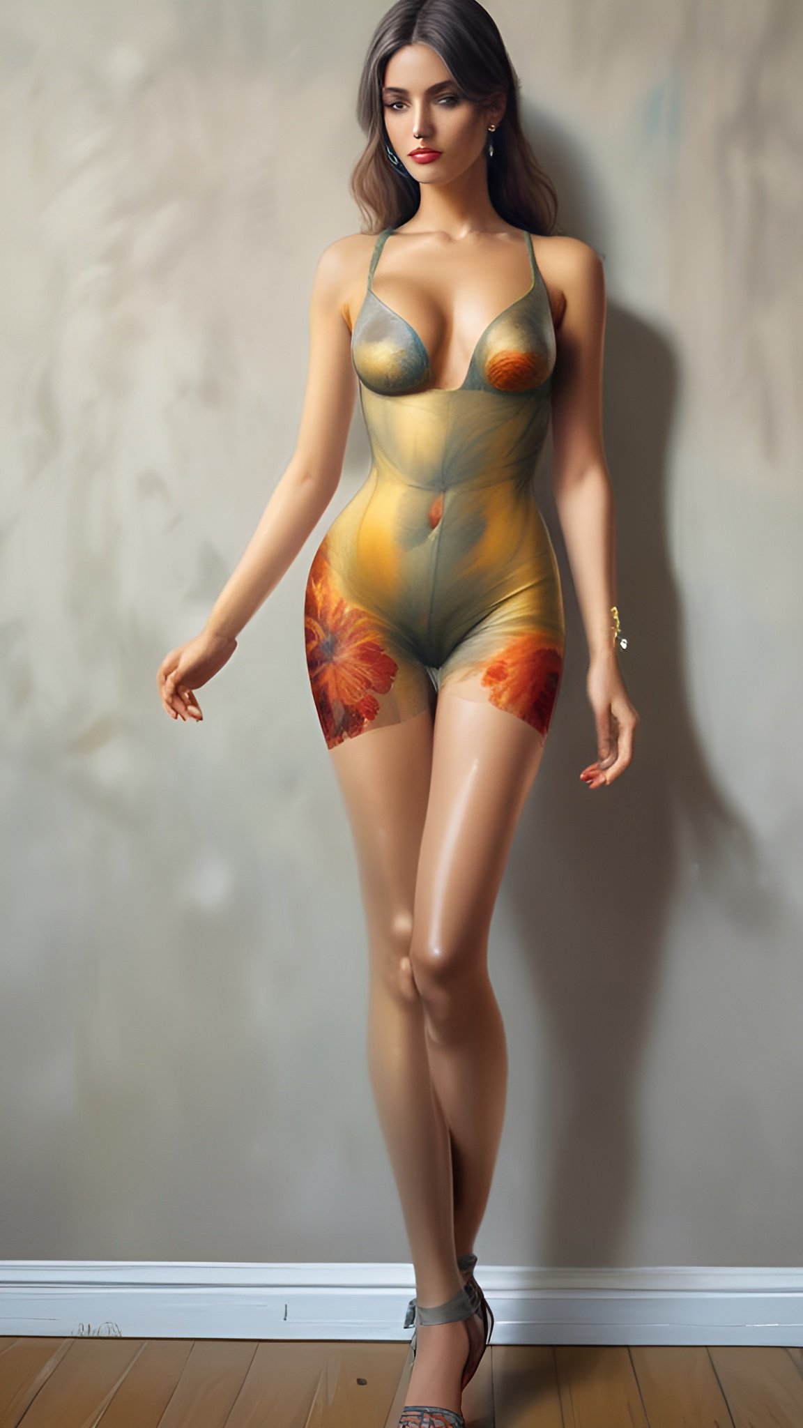 A painting of a woman in a sheer green gold romper with orange floral print on the hips in a studio