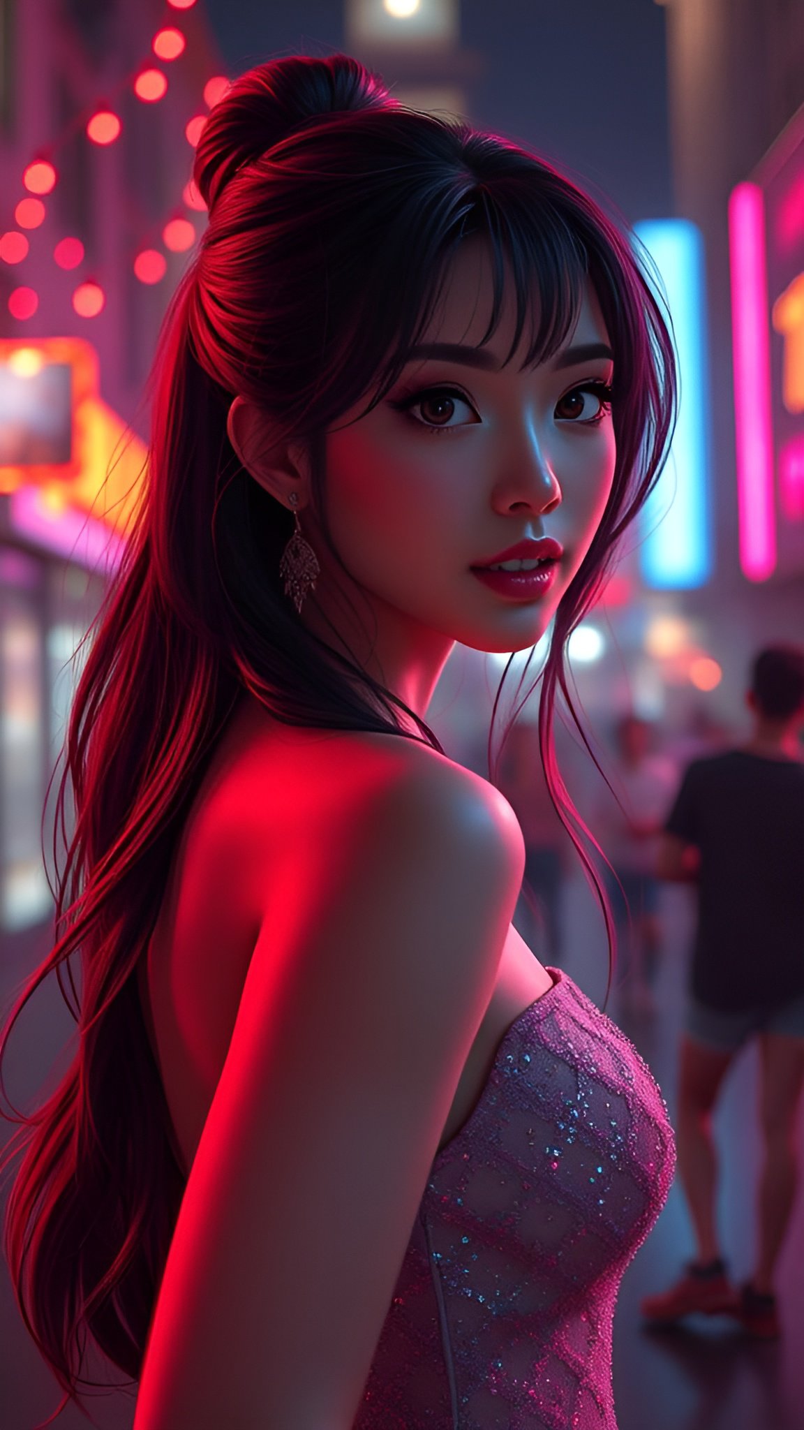 Side view of woman with long hair in pink dress on neon lit city street at night