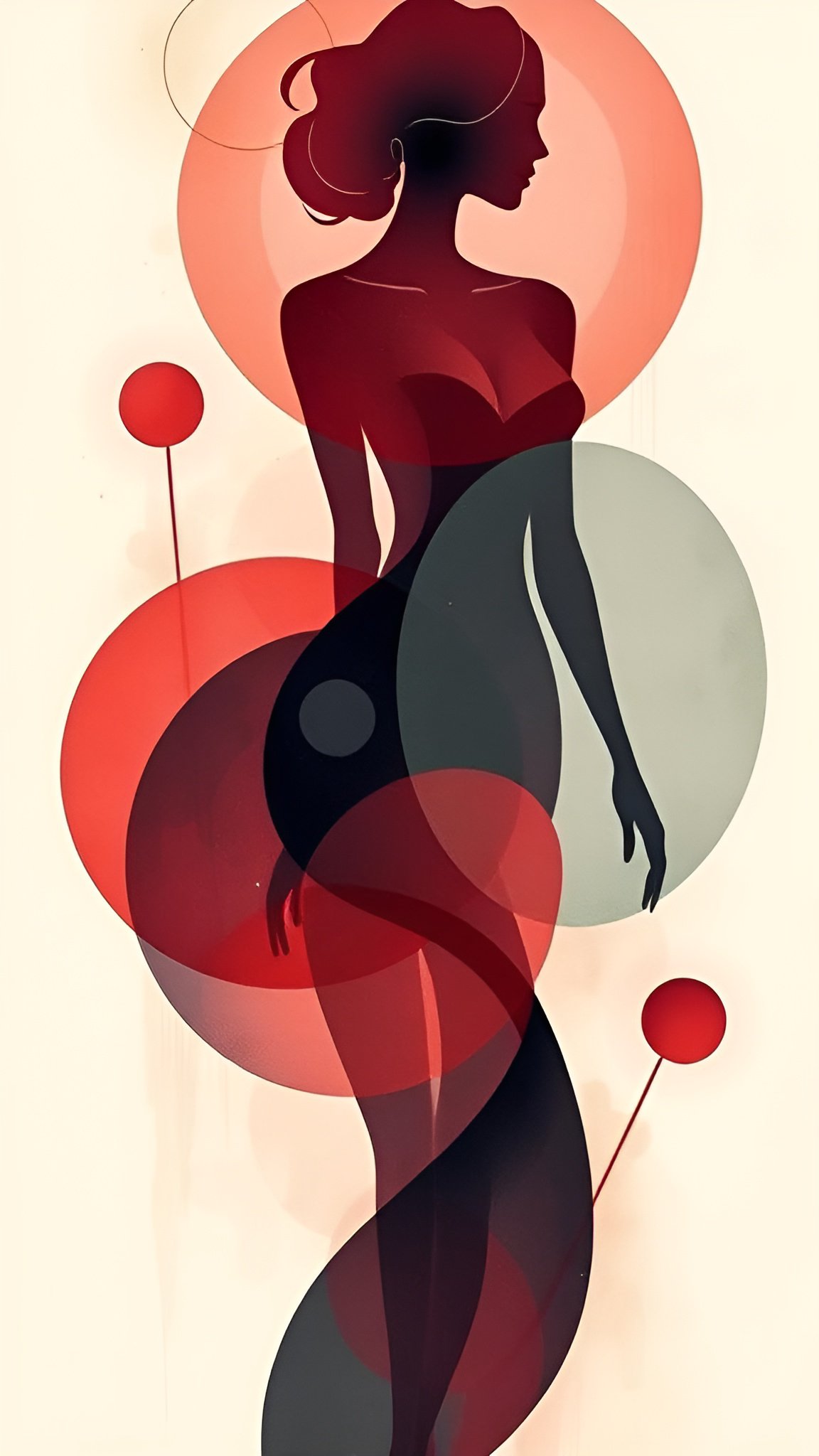 Silhouette of woman in dress with overlapping red and gray circles on beige background