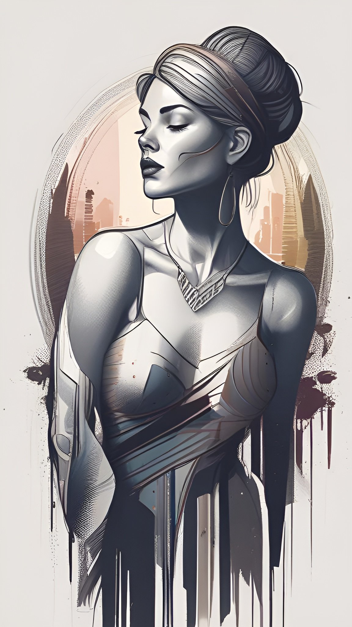 A painting of a woman in a strapless gray dress with closed eyes and an oval city skyline behind ink washes