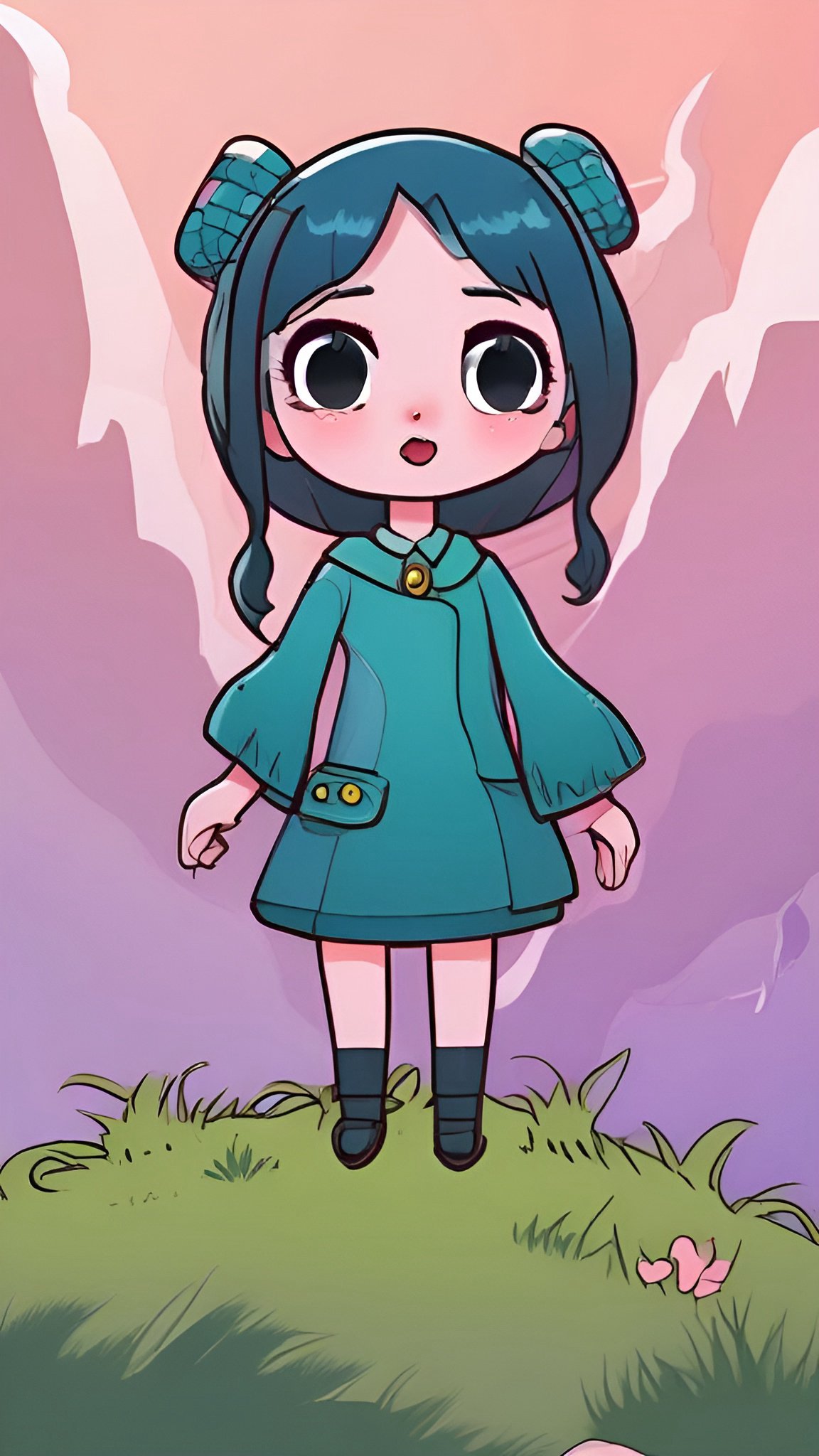 Cartoon of a woman in a teal coat dress standing on a grassy hill