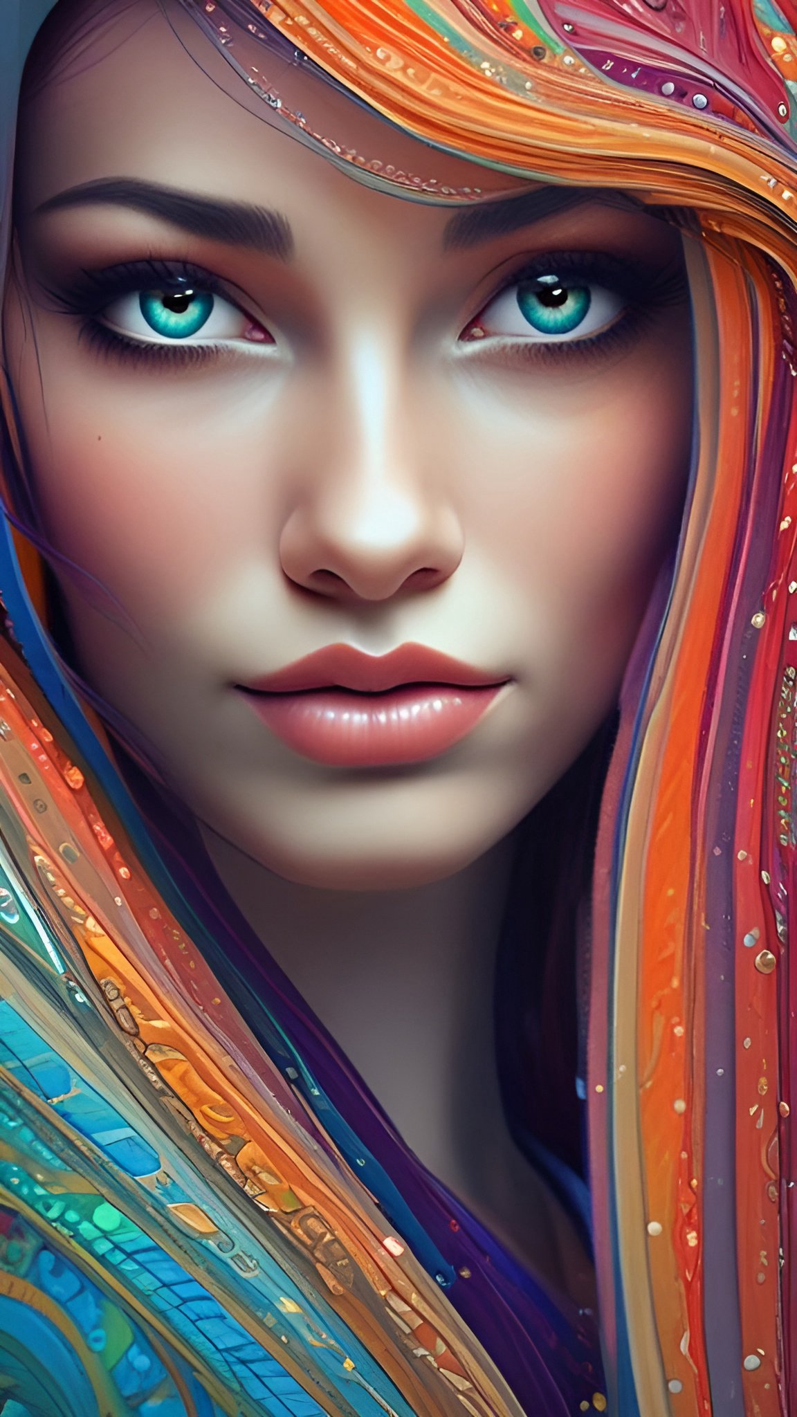 Painting close-up of a woman with teal eyes and orange cyan purple painted hair strands