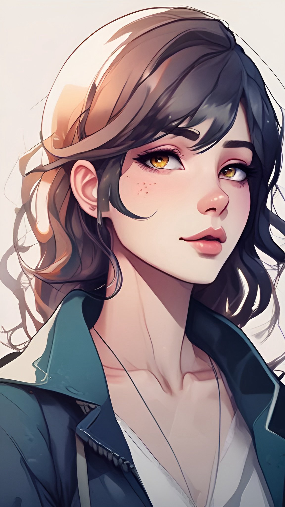 Anime-style painting of a woman in a teal jacket over a white top
