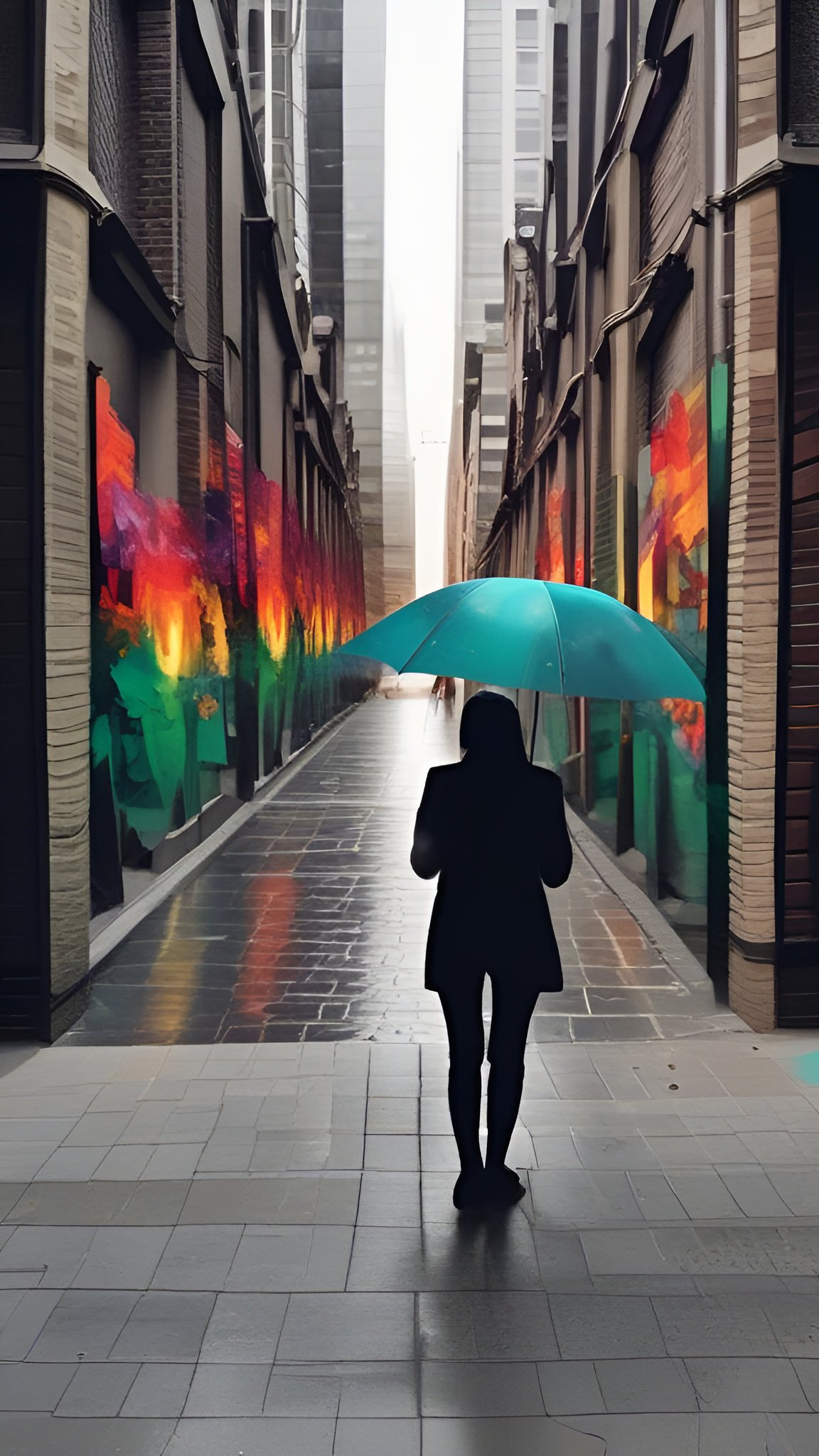Photo of a woman walking with a teal umbrella down a narrow alley with colorful abstract painted murals on the walls in a foggy city