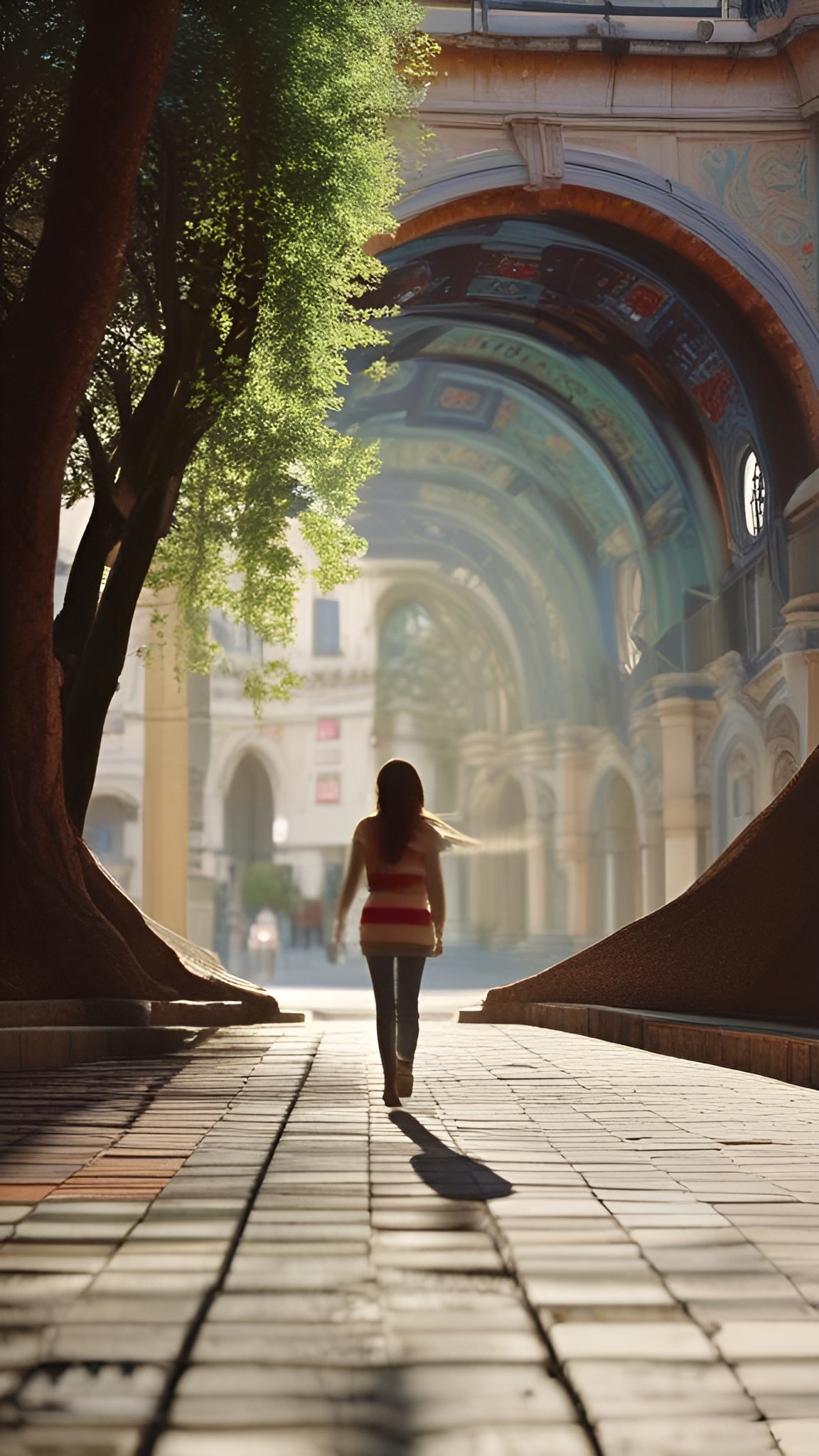 Photo of a woman walking away on sunny stone path under a beautiful archway with trees