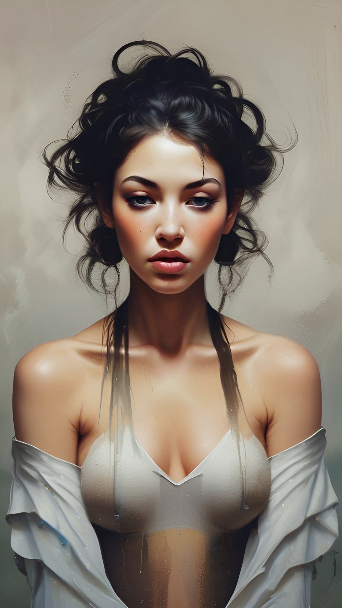Painting of a woman in a white bra and an off-shoulder white shirt on a beige background
