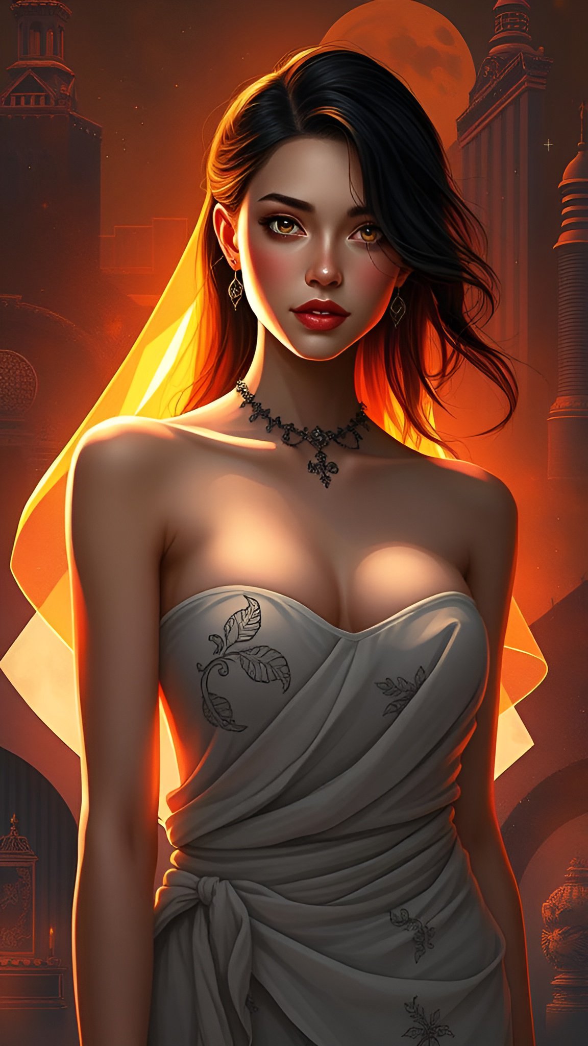 Woman in white strapless dress with veil and leaf embroidery standing before ancient towers under large orange moon