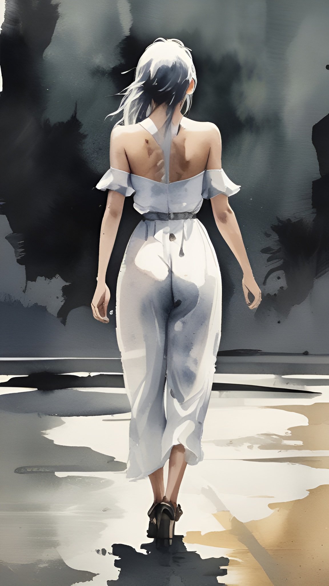 A watercolor painting style of a woman from behind in a white off-shoulder jumpsuit and dark heels on a wet floor with black ink washes