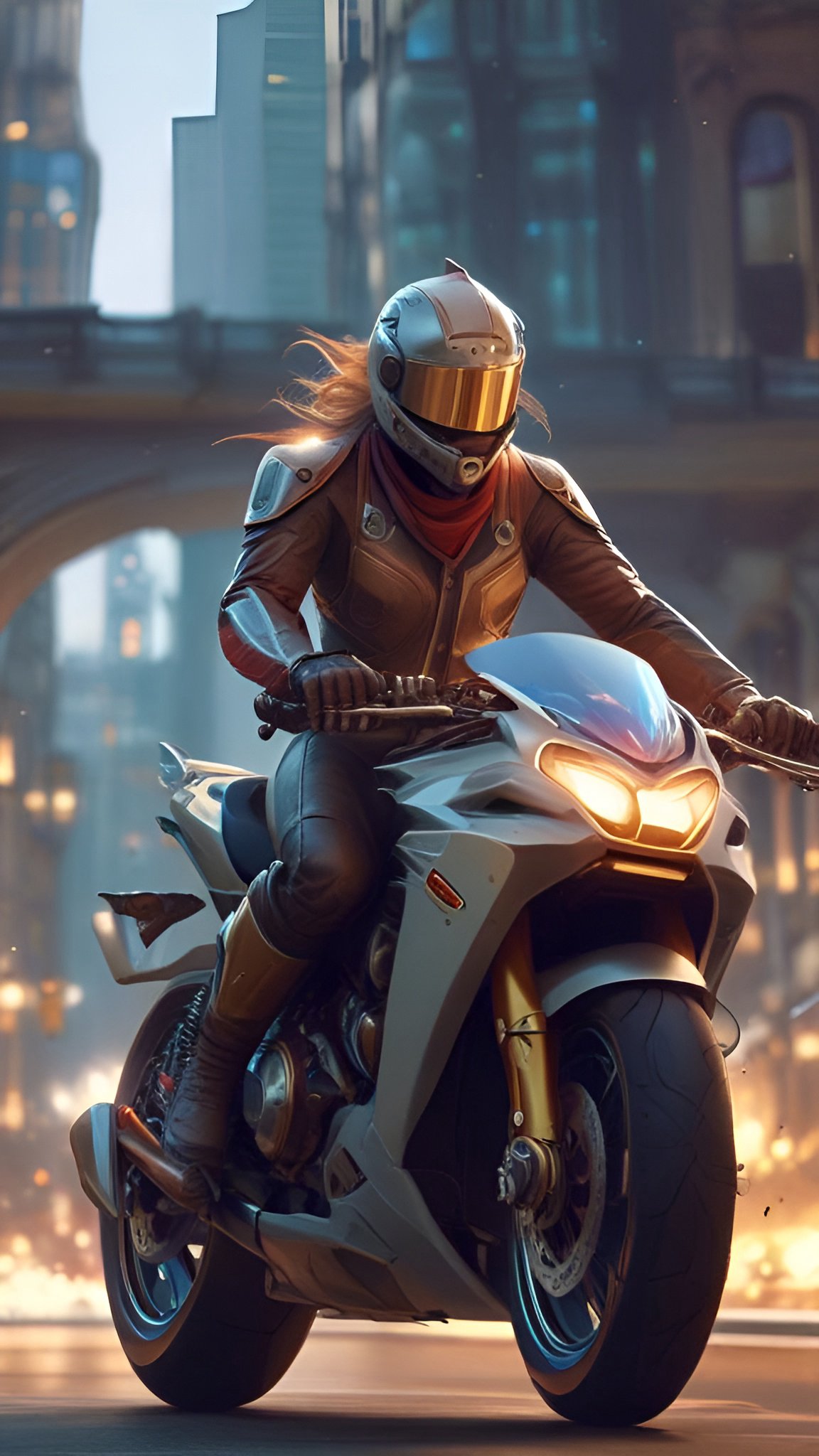 Painting of a woman riding a white sport motorcycle in a silver helmet with a gold visor