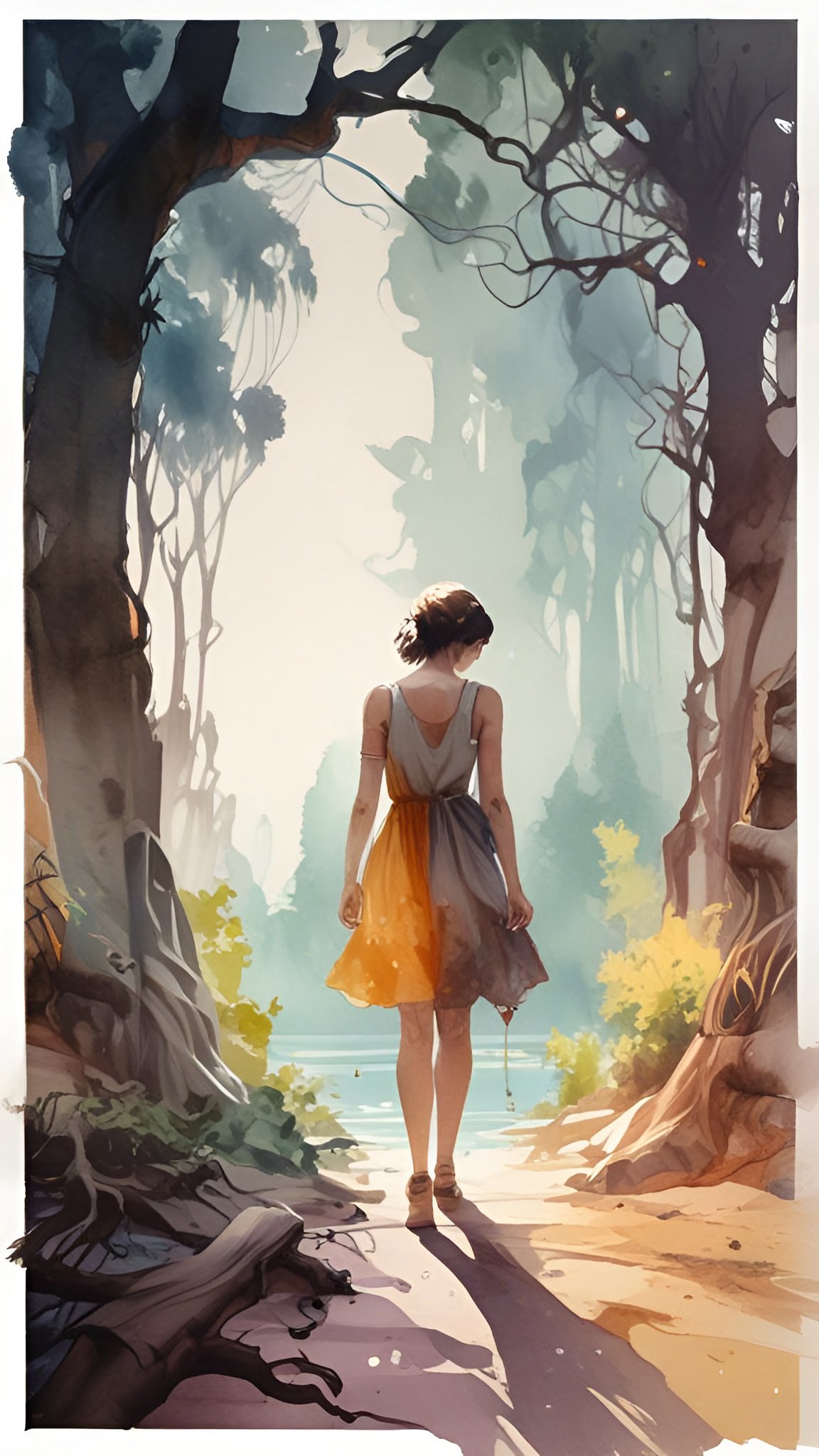 Watercolor of a woman in a sleeveless yellow and gray dress walking a sandy forest path toward a lake