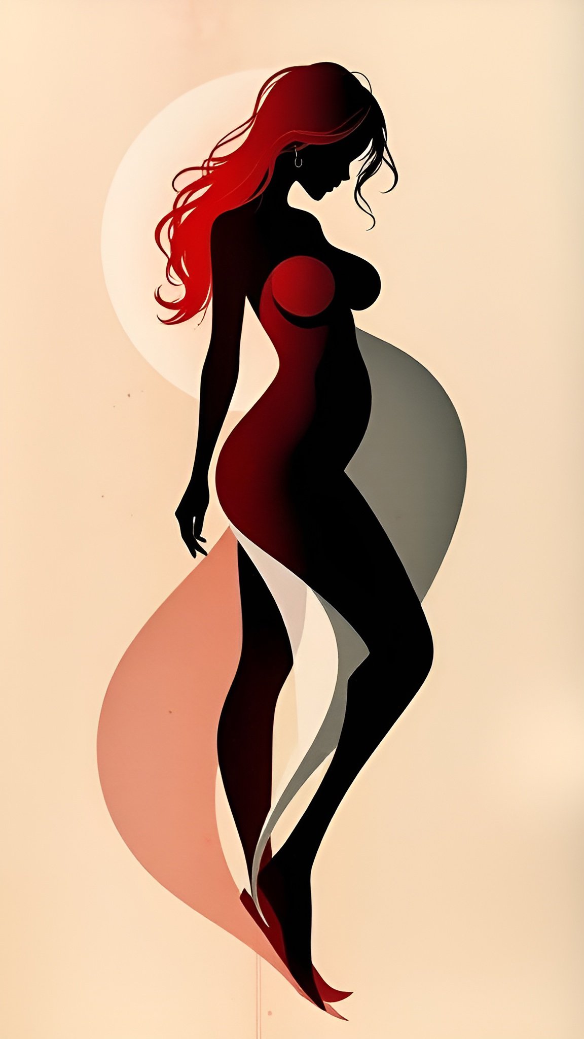 Silhouette of a woman with red hair and in an abstract art side profile