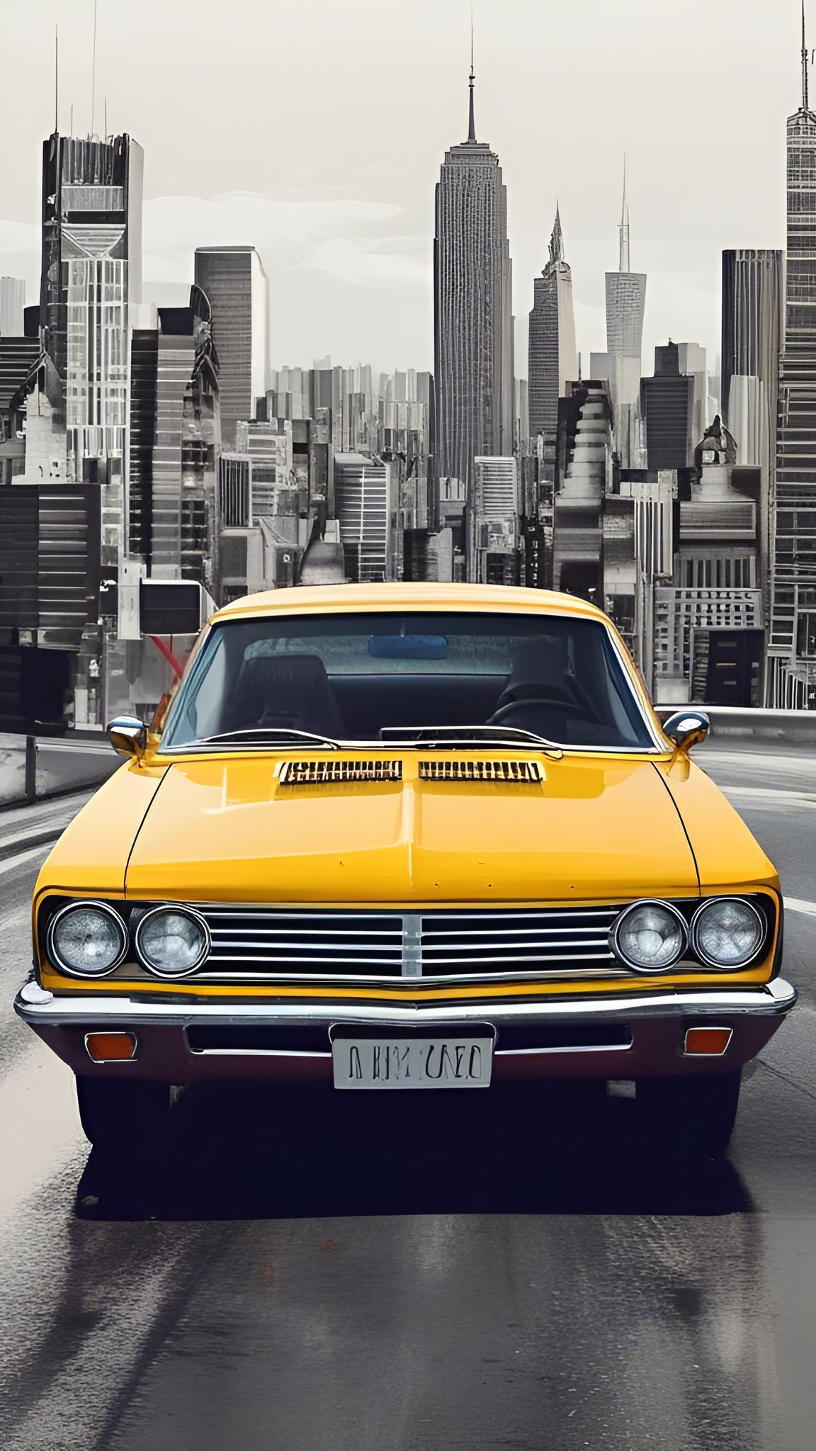Painting of a yellow 1960s Chevelle-style muscle car on a wet road with a grayscale New York City skyline