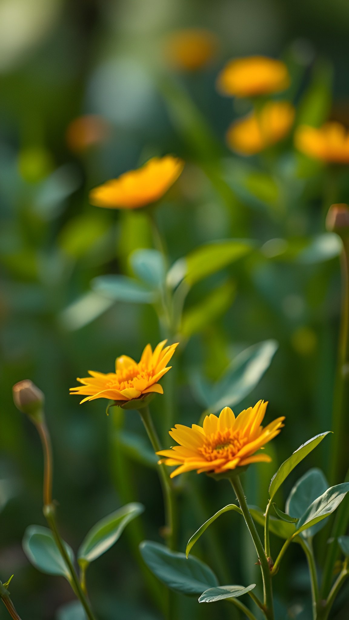 Floral photograph of yellow daisy blooms with green stems and leaves bright orange centers blurred soft focus and sunny outdoor light