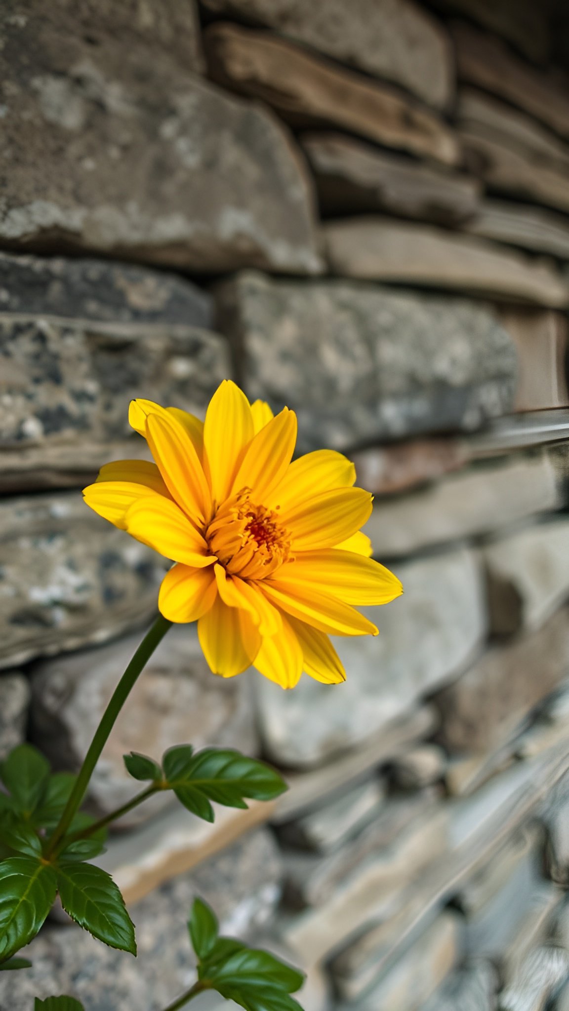 Yellow daisy growing against stone wall with green leaves