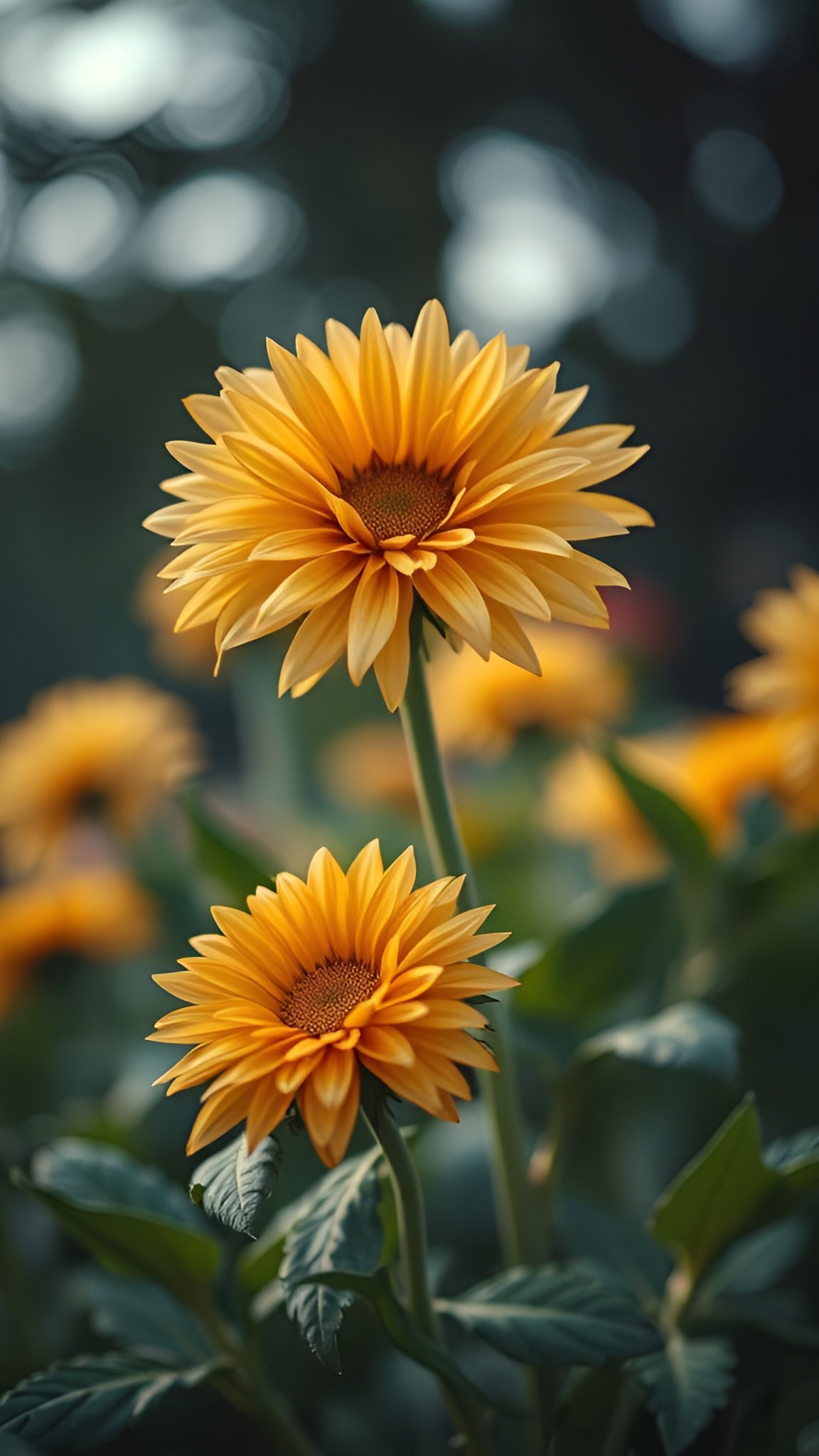 Nature photograph closeup of yellow gerbera daisies with green leaves and bokeh background