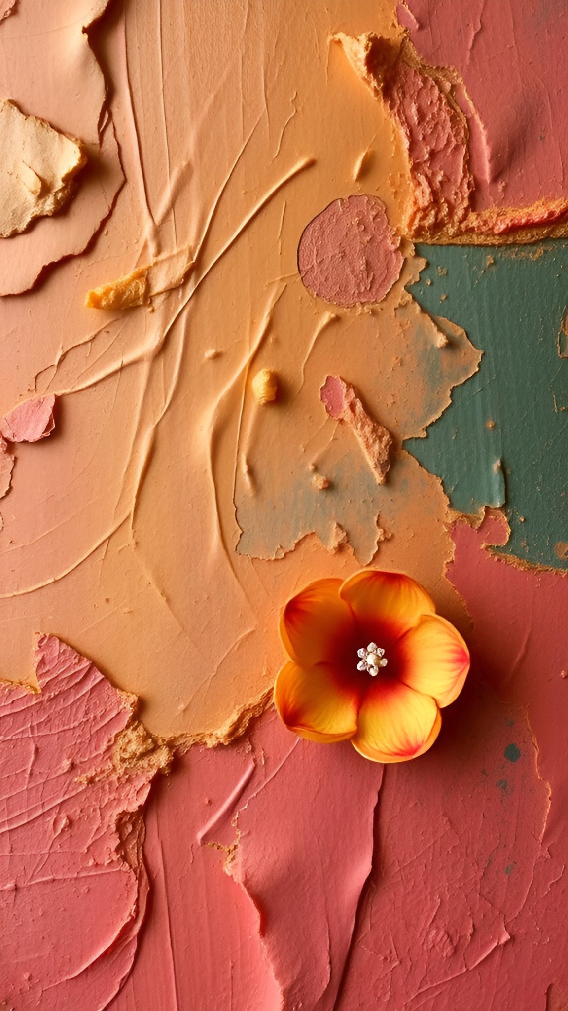 Photo of a yellow orange hibiscus-style flower on a peeling paint wall in peach coral and teal