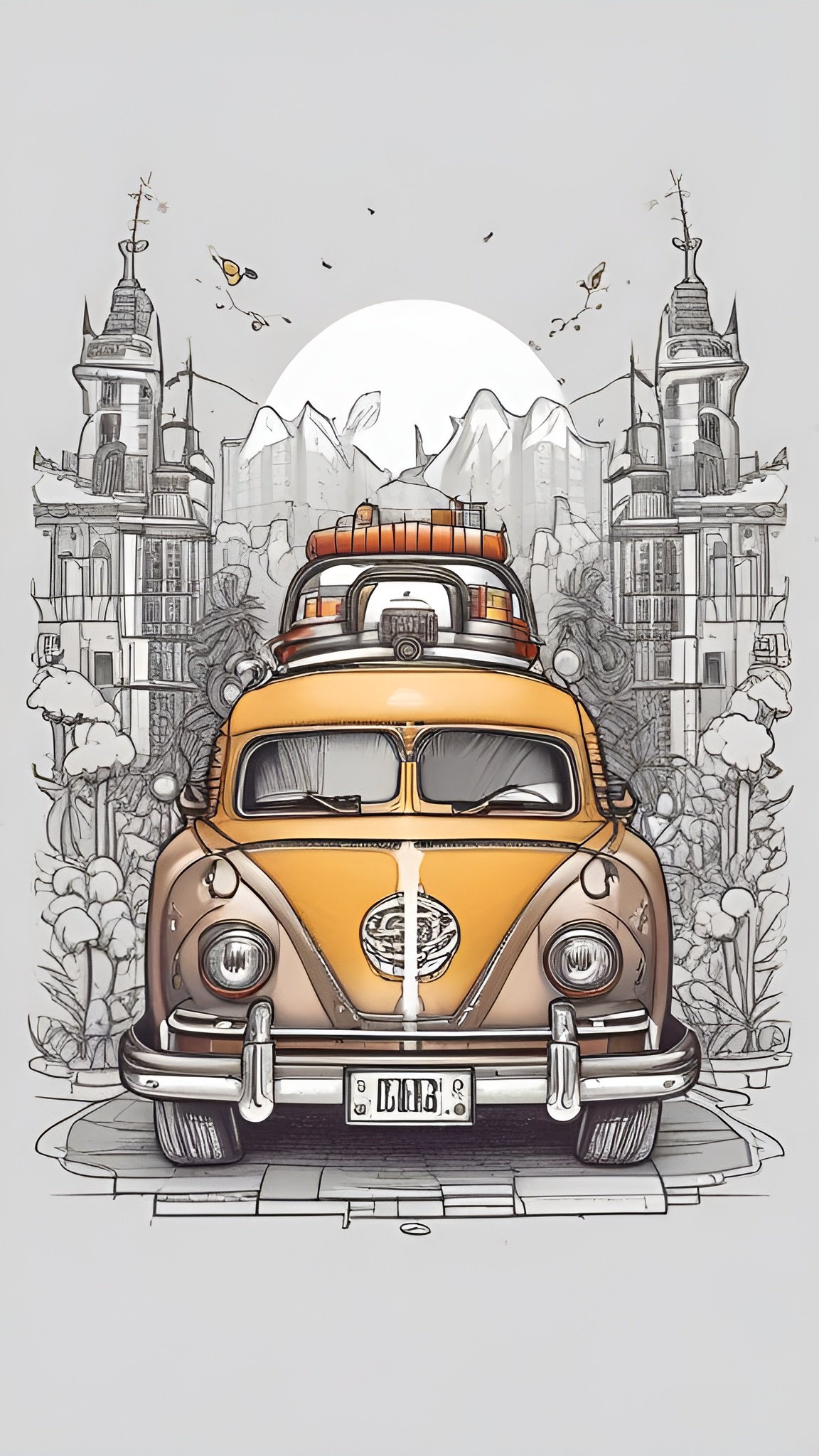 Cartoon of a yellow and tan Volkswagen Beetle-style car with roof luggage facing the camera
