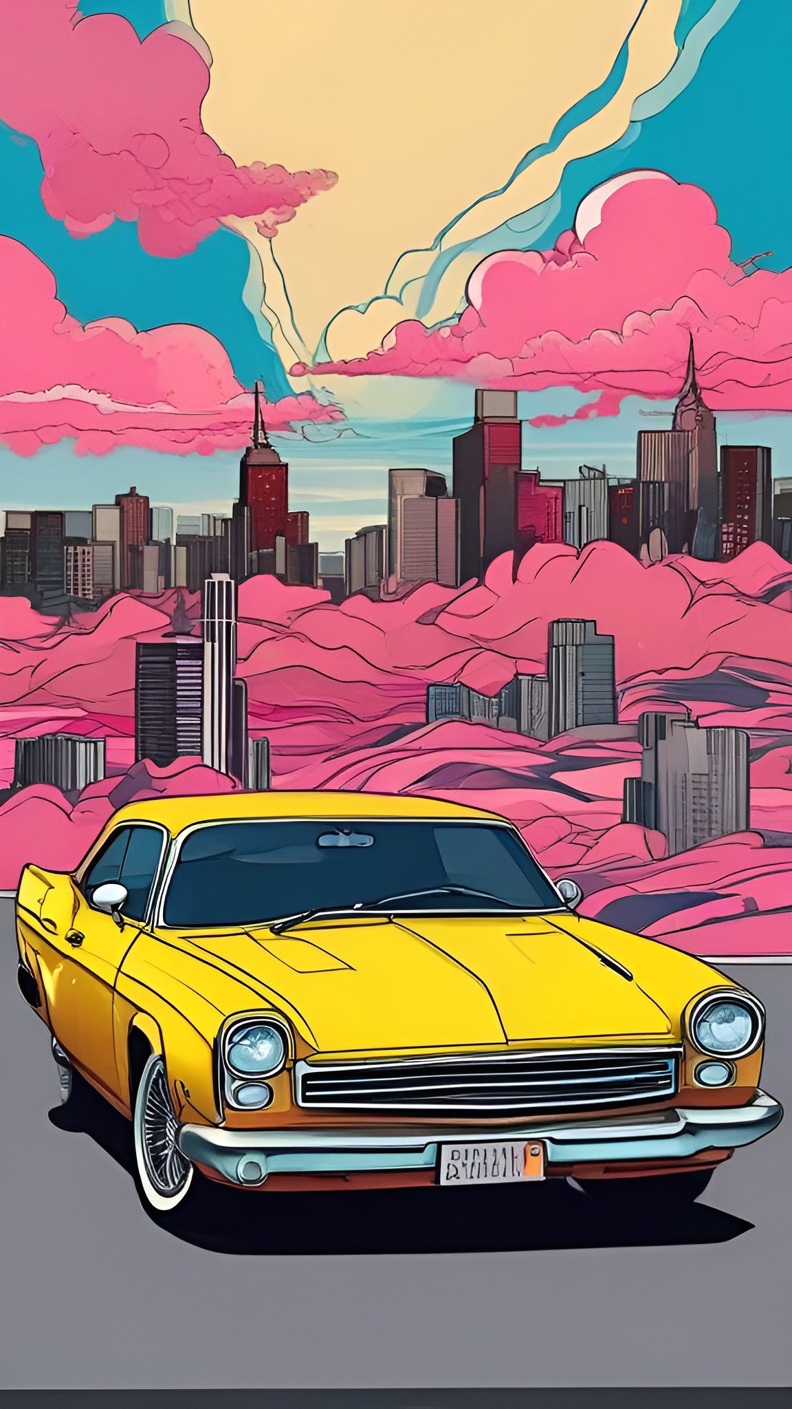 Poster art of a yellow vintage coupe under pink clouds and an NYC-style skyline