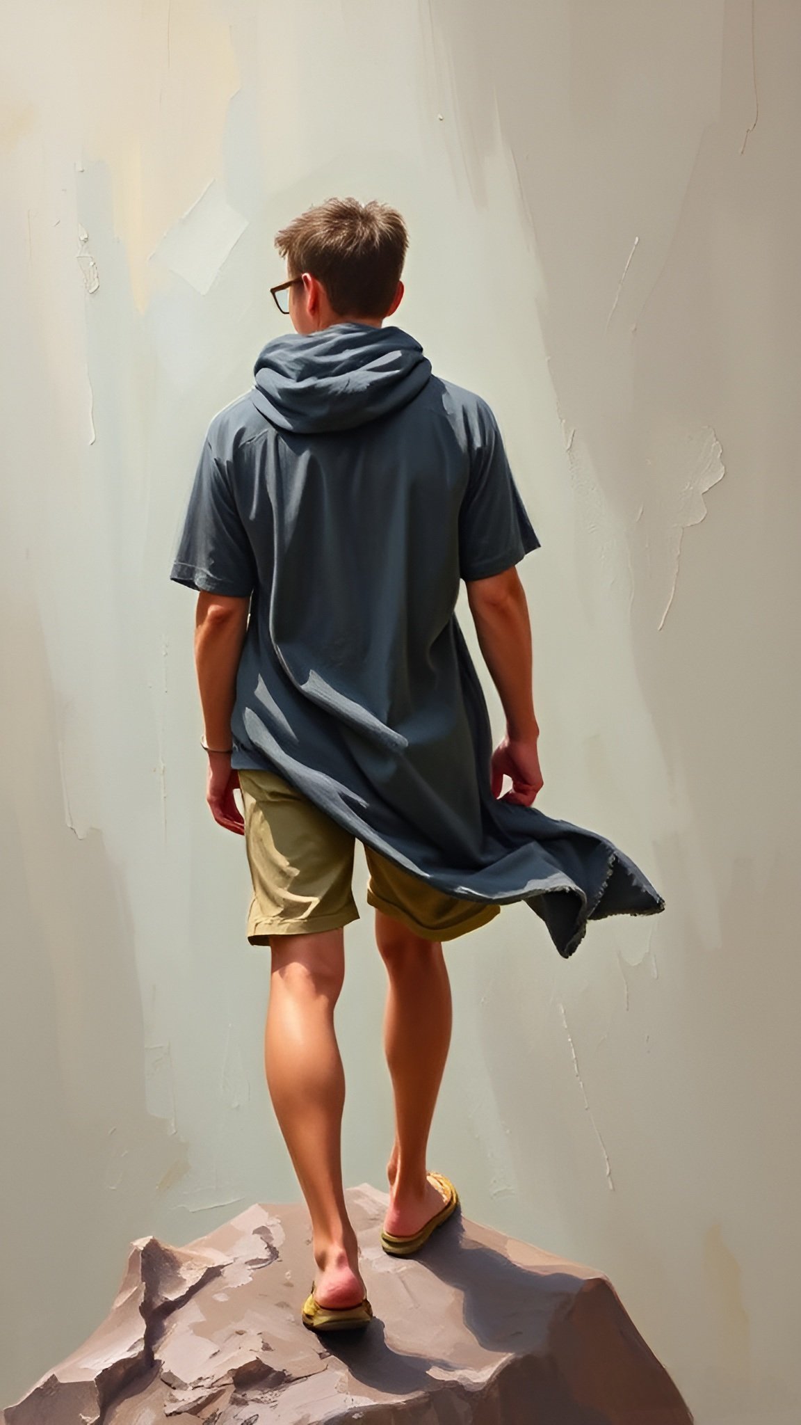Young man in blue hoodie standing on rock facing an artistic painted wall background