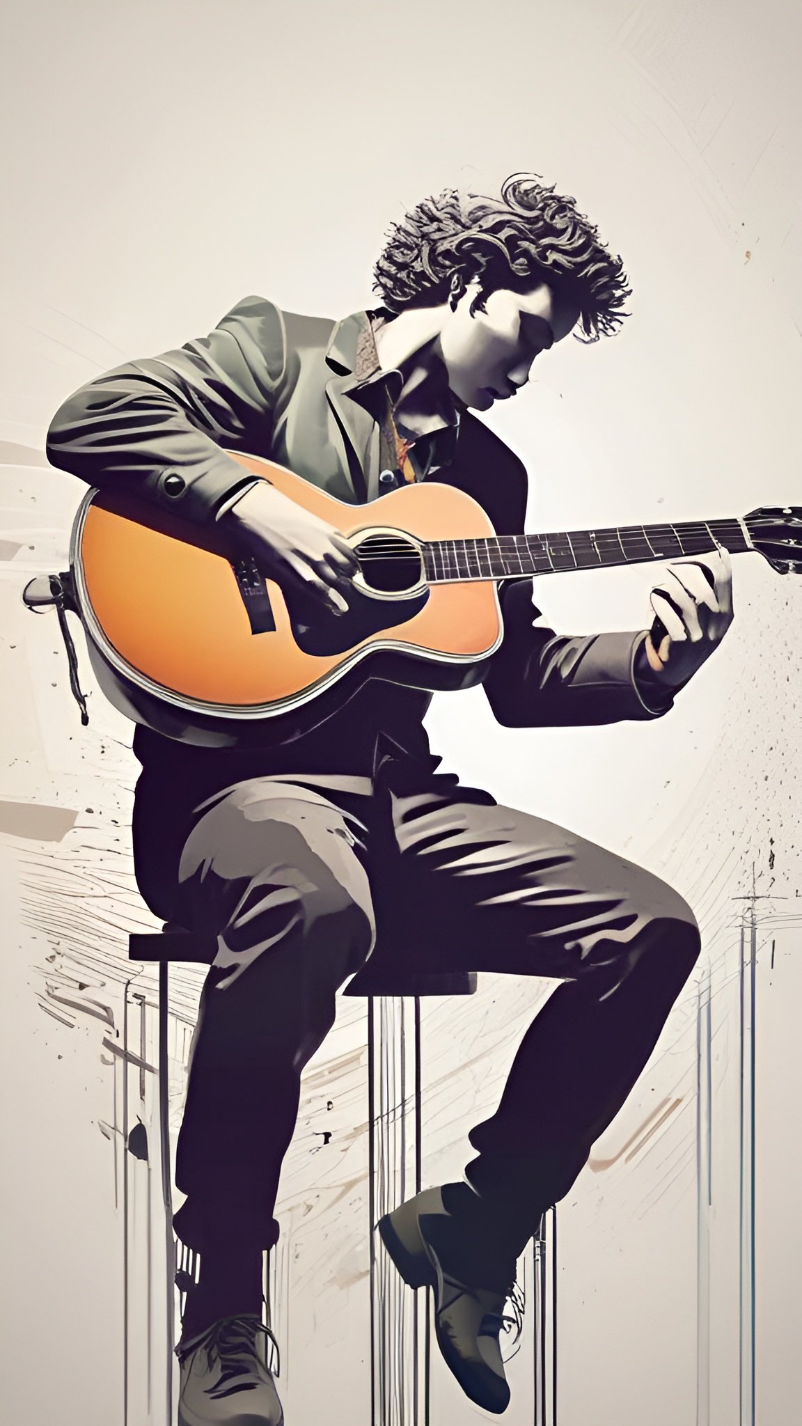 Poster art of curly haired young man playing acoustic guitar seated on stool